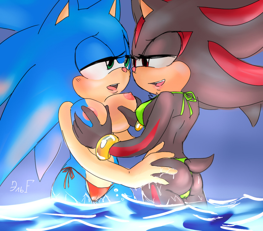 anthro bikini bikini_bottom bracelet breast_grab breast_size_difference breasts butt butt_grab camel_toe clothed clothing crossgender duo female female/female green_eyes hand_on_breast hand_on_butt jewelry krazyelf nipples open_mouth open_smile partially_submerged red_eyes shadow_the_hedgehog simple_background smile sonic_(series) sonic_the_hedgehog swimwear topless water