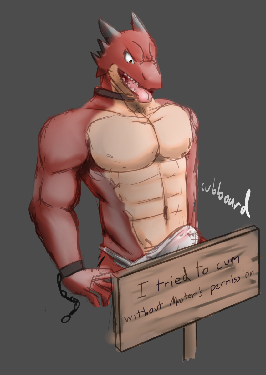 2018 absurd_res anthro bulge clothed clothing cubboard dogshaming dragon english_text erection erection_under_clothing grey_background hi_res horn kemono male multicolored_skin muscular muscular_male open_mouth pink_tongue red_skin scalie shackles sign signature simple_background solo spikes submissive_male tan_skin teeth text tongue tongue_out topless two_tone_skin underwear
