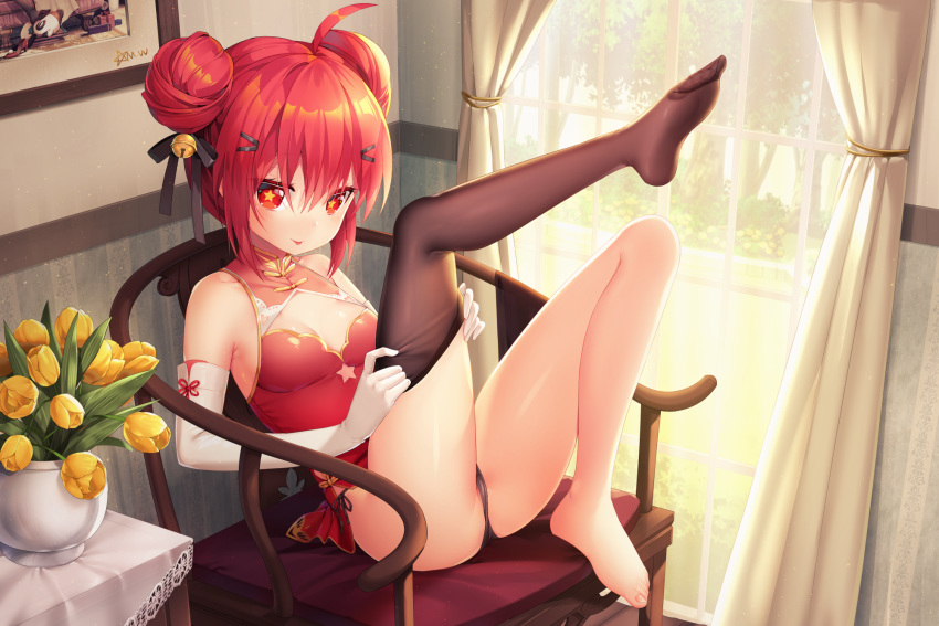 1girl :p ahoge armchair ass bare_shoulders barefoot bell black_bow black_panties blush bow breasts brown_legwear chair closed_mouth curtains day double_bun dress dressing elbow_gloves flower full_body gloves hair_bell hair_bow hair_ornament hairclip highres indoors jingle_bell leg_up looking_at_viewer mvv no_shoes on_chair original panties red_dress red_eyes red_hair single_thighhigh sleeveless sleeveless_dress small_breasts smile solo star star-shaped_pupils sunlight symbol-shaped_pupils thighhighs toenails tongue tongue_out transparent tulip underwear vivian_(mvv) white_gloves yellow_flower yellow_tulip