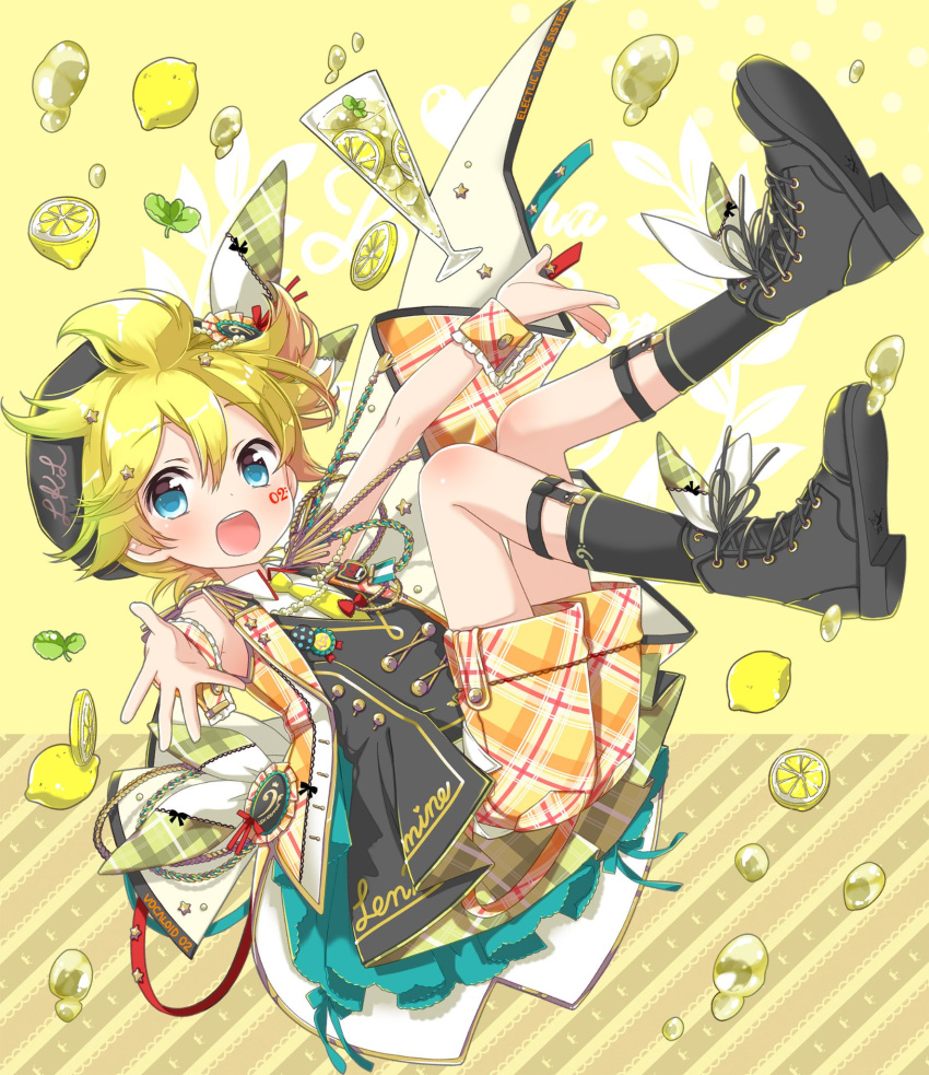 1boy bass_clef blonde_hair blue_eyes boots bow character_name commentary cup drink drinking_glass droplet epaulettes facial_tattoo falling food frilled_wrist_cuffs fringe_trim fruit hair_ornament hair_ribbon headband hekicha highres jacket kagamine_len leaf lemon light_blush looking_at_viewer male_focus mint open_mouth outstretched_arms pants plaid plaid_jacket plaid_pants plaid_wrist_cuffs ribbon short_hair shorts smile socks solo spiked_hair tattoo vocaloid wristband yellow_background
