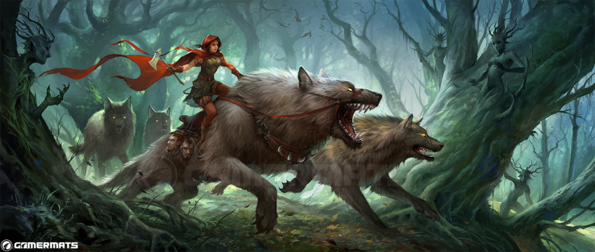 2019 ambiguous_gender brown_fur canid canine canis clothed clothing female feral flora_fauna forest fur group holding_object holding_weapon human mammal open_mouth paws plant sandara standing teeth tongue treant tree weapon wolf