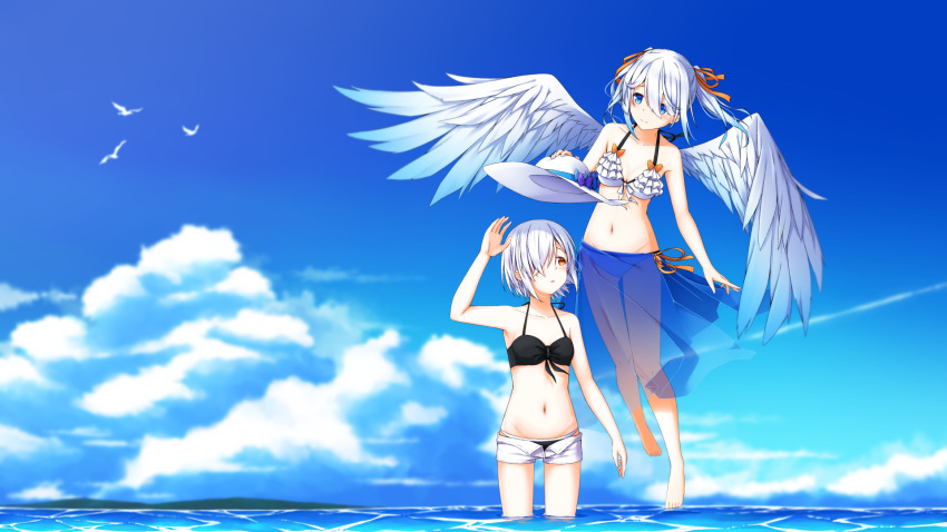 2girls :o angel angel_wings aoi_thomas arm_up bangs bare_arms bare_shoulders barefoot bikini bikini_under_clothes black_bikini blue_eyes blue_hair blue_sky blue_wings closed_mouth cloud collarbone commentary_request day eyebrows_visible_through_hair feathered_wings gradient gradient_hair gradient_wings hair_between_eyes hair_over_one_eye hair_ribbon hat hat_removed headwear_removed highres holding holding_hat horizon multicolored multicolored_hair multicolored_wings multiple_girls ocean open_clothes open_fly open_shorts original outdoors parted_lips red_eyes red_ribbon ribbon see-through short_shorts shorts silver_hair sky smile standing sun_hat swimsuit twintails wading water white_bikini_top white_headwear white_shorts white_wings wings