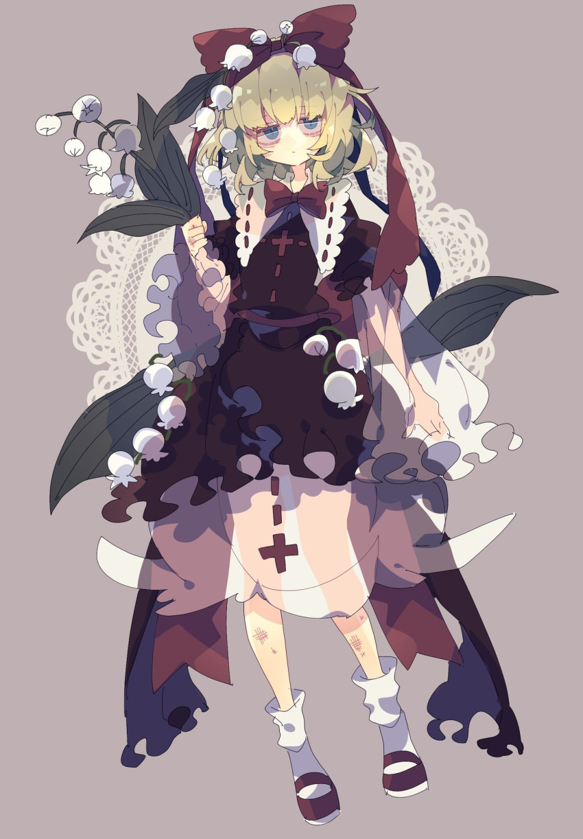 1girl bangs blonde_hair blue_eyes bow closed_mouth dress eyebrows_visible_through_hair flower frilled_dress frilled_sleeves frills full_body grey_background hair_bow half-closed_eyes highres holding holding_flower lily_of_the_valley long_sleeves medicine_melancholy messy_hair nikorashi-ka red_bow red_ribbon ribbon scratches see-through see-through_silhouette shoes short_hair simple_background socks solo touhou wavy_hair white_legwear