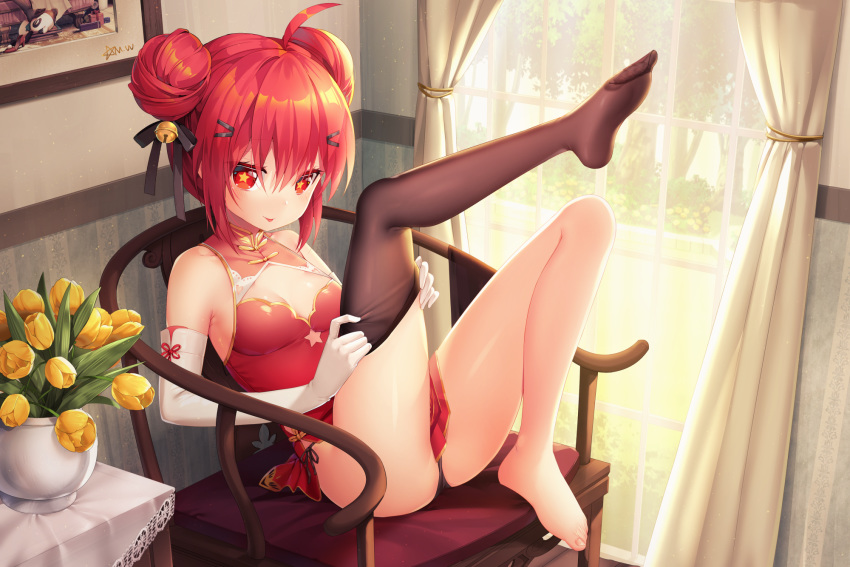 1girl :p ahoge armchair ass bare_shoulders barefoot bell black_bow black_panties blush bow breasts brown_legwear chair closed_mouth commentary_request curtains day double_bun dress dressing elbow_gloves flower full_body gloves hair_bell hair_bow hair_ornament hairclip highres indoors jingle_bell leg_up looking_at_viewer mvv no_shoes on_chair original panties red_dress red_eyes red_hair single_thighhigh sleeveless sleeveless_dress small_breasts smile solo star star-shaped_pupils sunlight symbol-shaped_pupils thighhighs toenails tongue tongue_out transparent tulip underwear vivian_(mvv) white_gloves yellow_flower yellow_tulip