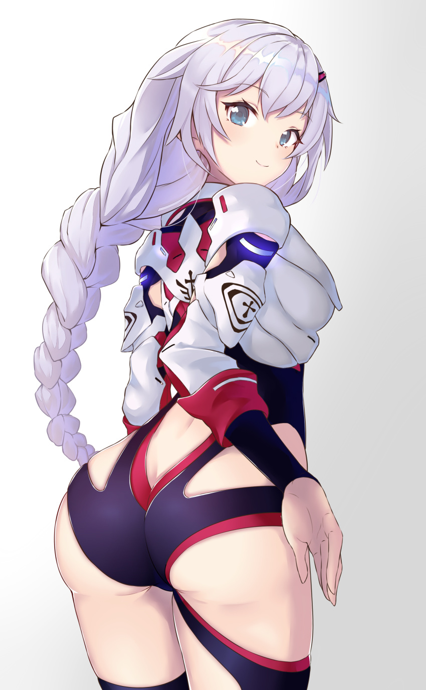 1girl absurdres arched_back ass bangs blue_eyes braid breasts character_request commentary_request eyebrows_visible_through_hair gradient gradient_background grey_background highres honkai_(series) honkai_impact_3rd kallen_kaslana leotard long_hair long_sleeves looking_at_viewer looking_back medium_breasts pnt_(ddnu4555) purple_leotard sidelocks silver_hair single_braid solo very_long_hair white_background