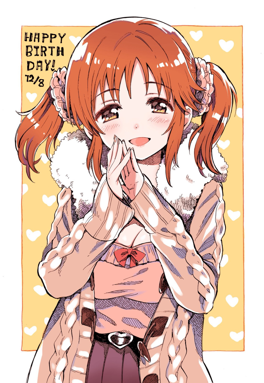 1girl :d amezawa_koma belt black_belt blush breasts brown_coat brown_eyes brown_hair brown_shirt cleavage coat commentary dated english_text eyebrows_visible_through_hair fur-trimmed_coat fur_trim hair_ornament hair_scrunchie half-closed_eyes hands_together happy_birthday heart_buckle highres hooded_coat idolmaster idolmaster_cinderella_girls large_breasts looking_at_viewer open_clothes open_mouth outside_border pink_scrunchie scrunchie shirt smile solo standing steepled_fingers totoki_airi twintails
