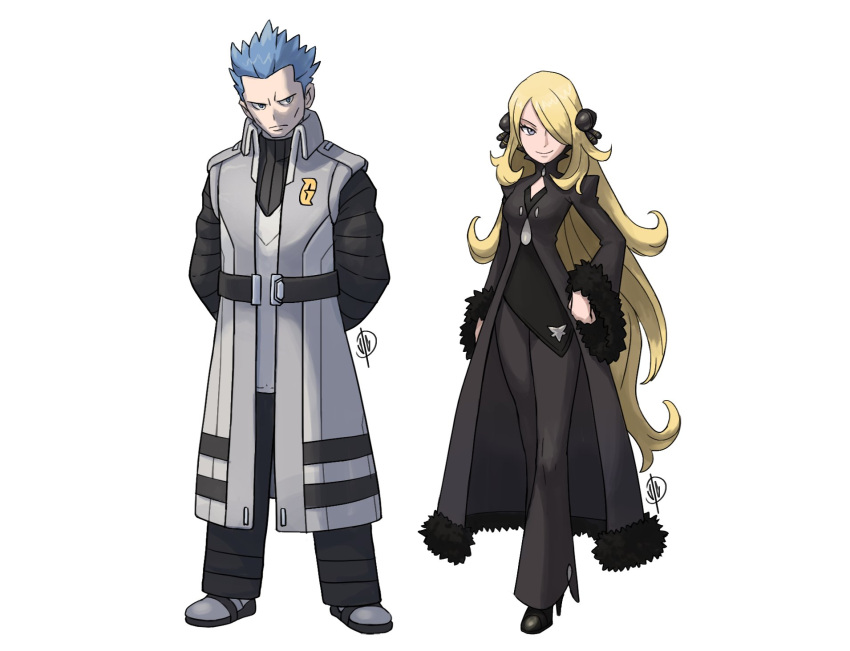 1boy 1girl adapted_costume arms_behind_back black_coat black_footwear black_pants black_shirt blonde_hair blue_hair closed_mouth coat commentary cynthia_(pokemon) cyrus_(pokemon) eyelashes frown full_body fur-trimmed_coat fur_trim grey_coat grey_eyes grey_footwear hair_ornament hair_over_one_eye high_heels highres jaeon009 logo long_hair long_sleeves pants pokemon pokemon_(game) pokemon_dppt shirt shoes short_hair sleeveless_coat smile spiked_hair standing