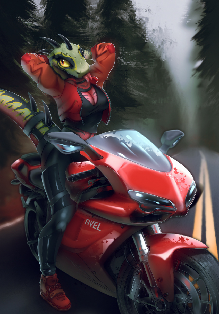 2019 anthro breasts clothed clothing day detailed_background female fivel forest hi_res lizard looking_at_viewer motorcycle non-mammal_breasts outside red_eyes reptile scalie solo spines tree vehicle yellow_eyes