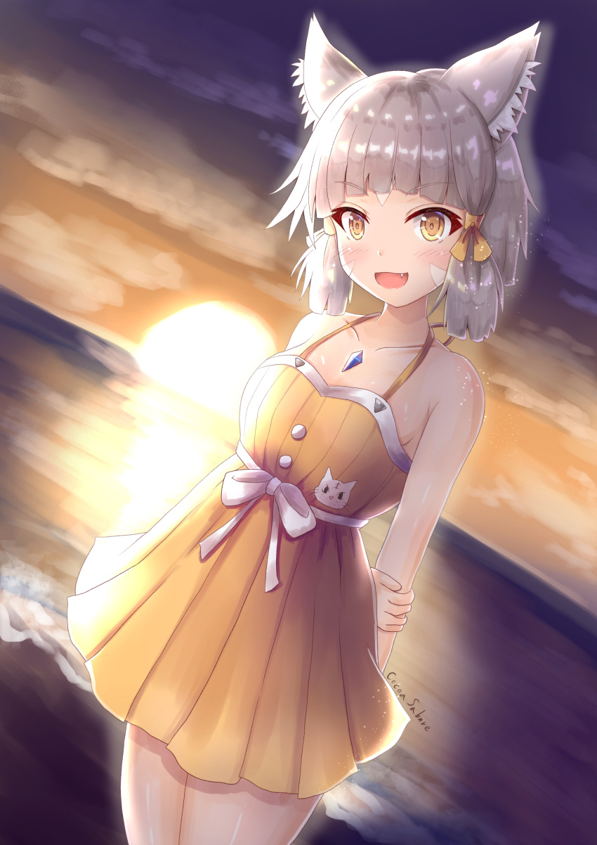 1girl animal_ears arms_behind_back beach blush breasts cocoasabure dress eyebrows_visible_through_hair facial_mark hair_ribbon highres horizon looking_at_viewer niyah open_mouth ribbon signature silver_hair solo sundress sunset swimsuit waist_bow xenoblade_(series) xenoblade_2 yellow_dress yellow_eyes