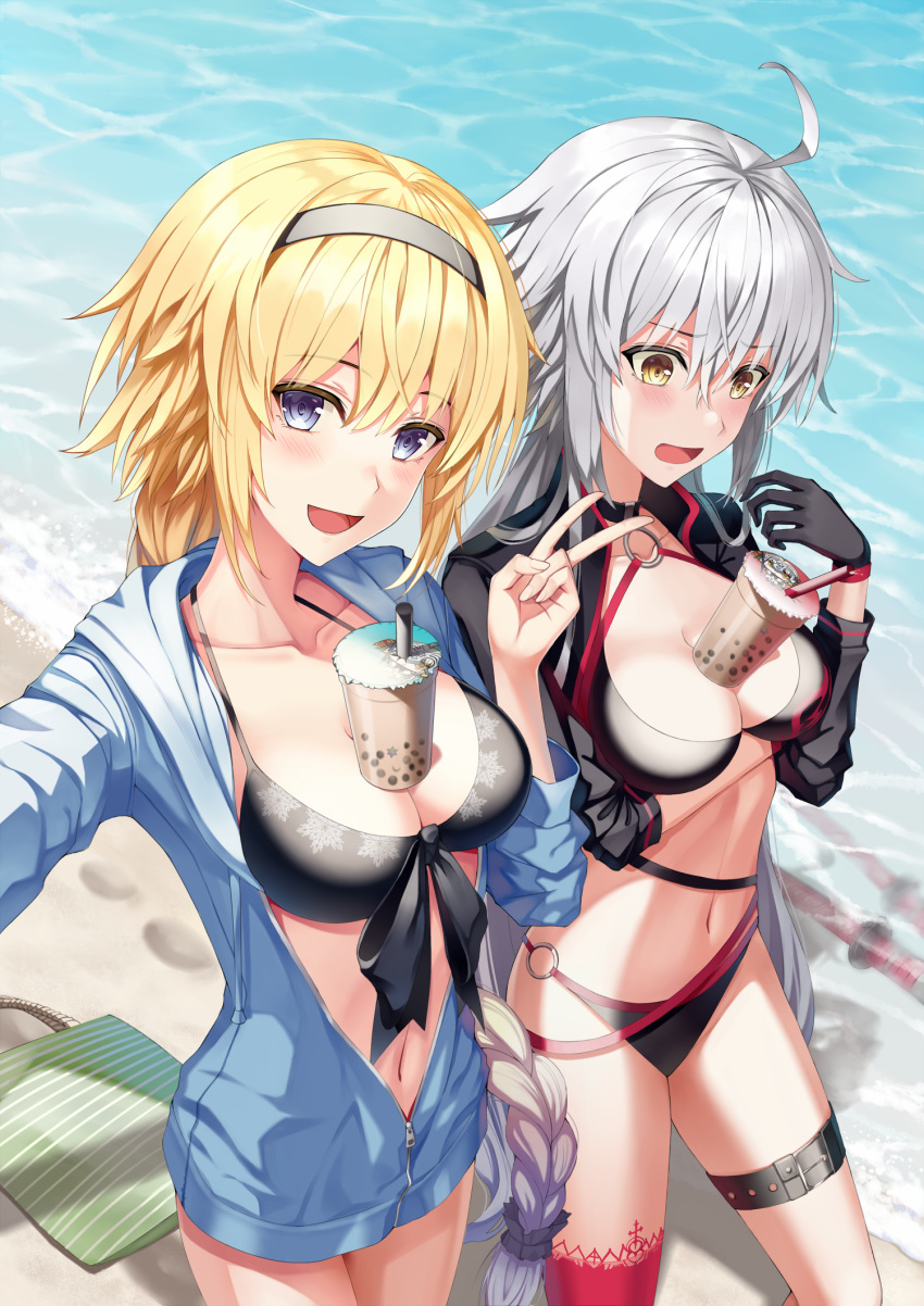 2girls :d ahoge arm_under_breasts bangs beach between_breasts bikini black_bikini black_gloves black_hairband black_jacket blonde_hair blue_eyes blue_jacket braid breasts bubble_tea bubble_tea_challenge cleavage collarbone cup day disposable_cup drink drinking_straw eyebrows_visible_through_hair fate/grand_order fate_(series) front-tie_bikini front-tie_top gloves hair_between_eyes hairband halter_top halterneck highres jacket jeanne_d'arc_(alter_swimsuit_berserker) jeanne_d'arc_(fate)_(all) jeanne_d'arc_(swimsuit_archer) large_breasts long_braid long_hair long_sleeves looking_at_viewer multiple_girls navel o-ring o-ring_bikini o-ring_bottom o-ring_top object_on_breast ocean open_clothes open_jacket open_mouth outdoors red_legwear self_shot shrug_(clothing) silver_hair single_braid single_thighhigh smile swimsuit thigh_strap thighhighs unzipped v very_long_hair yellow_eyes z1npool zipper zipper_pull_tab