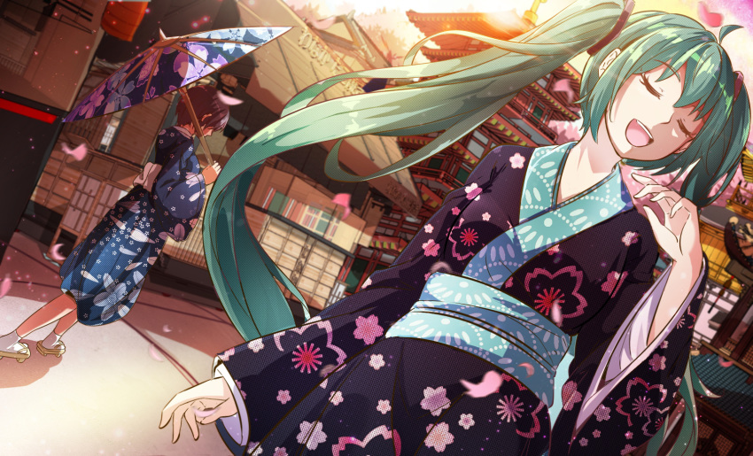 2girls 627247421 ahoge cherry_blossoms closed_eyes dutch_angle floral_print geta green_hair hatsune_miku highres japanese_clothes kimono kyoto long_hair multiple_girls open_mouth oriental_umbrella outdoors petals twintails umbrella very_long_hair vocaloid