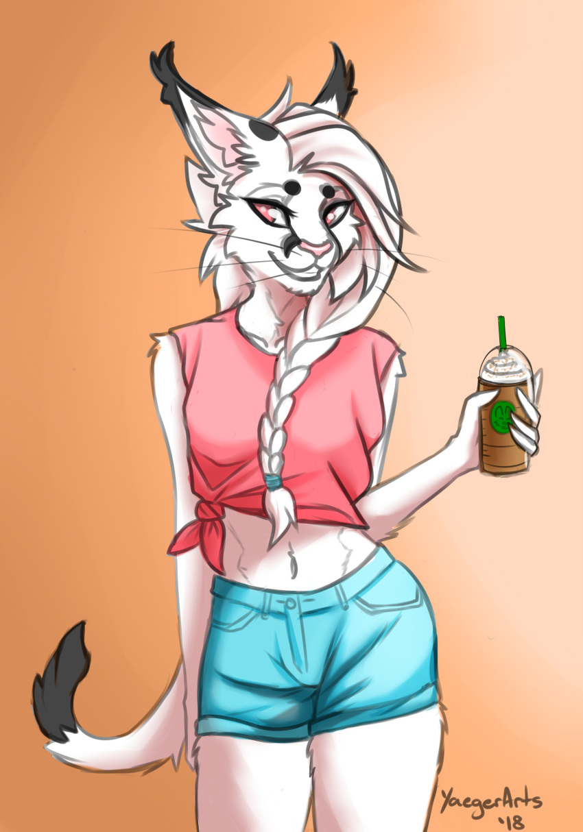 absurd_res anthro bottomwear braided_hair breasts caracal caracal_(genus) cheek_tuft clothed clothing dipstick_tail ear_tuft felid feline female fully_clothed fur gradient_background hair hi_res latte mammal midriff multicolored_tail navel pink_eyes pink_nose shirt short_shorts shorts simple_background smile solo topwear tuft whiskers white_fur white_hair yaegerarts