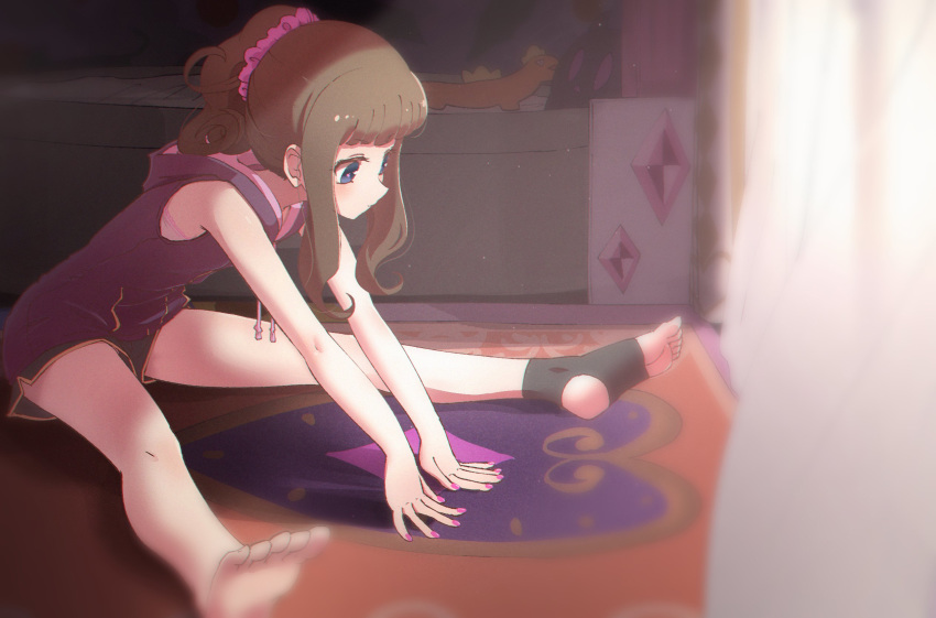 1girl barefoot bedroom blue_eyes blurry blurry_foreground blush brown_hair closed_mouth commentary curtains depth_of_field full_body hair_ornament hair_scrunchie highres hood hoodie indoors kurosu_aroma leaning_forward long_hair nail_polish on_floor pink_nails ponytail pretty_(series) pripara ruru_ashihara scrunchie sitting sleeveless solo stretch stuffed_toy window