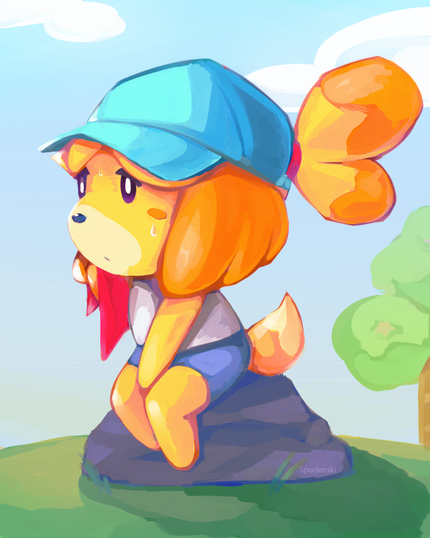 animal_crossing anthro blue_nose bodily_fluids bottomwear canid canine canis clothed clothing cloud domestic_dog female fully_clothed fur hat headgear headwear hi_res isabelle_(animal_crossing) mammal nintendo outside ponytail purple_eyes shorts sitting solo spudenski sweat tree video_games yellow_fur