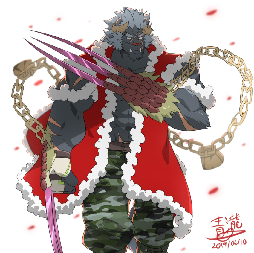 2019 abs anthro bell biceps chain clothed clothing felid fingerless_gloves gloves handwear hi_res horn krampus_(housamo) lion male mammal mane_hair muscular muscular_male navel pantherine petals scar simple_background solo subaru_aotk tokyo_afterschool_summoners video_games white_background