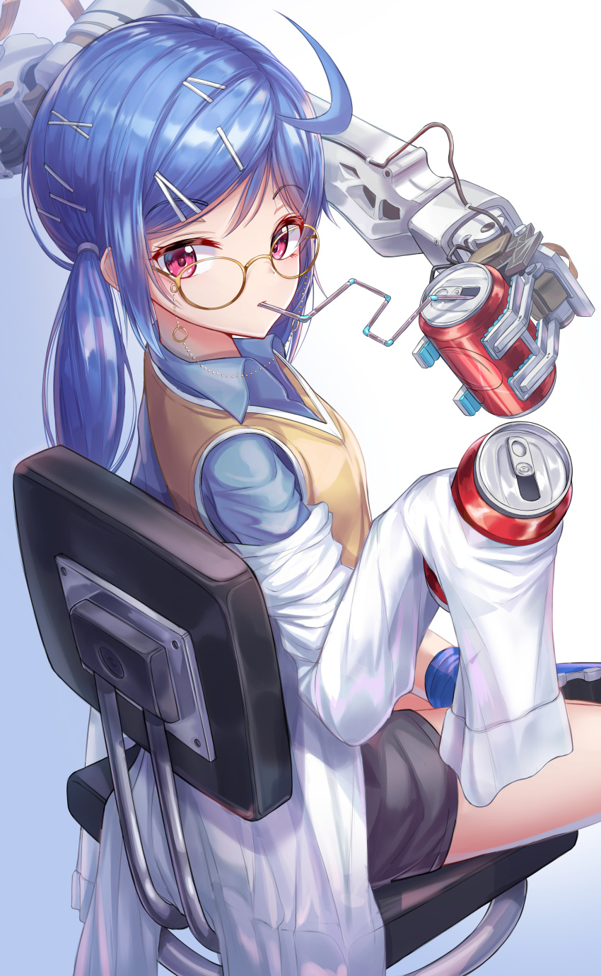 1girl absurdres ahoge blue_hair blue_shirt brown_sweater can collared_shirt cow-ring dr_pepper drinking drinking_straw girls_frontline glasses hair_ornament hairclip highres k11_(girls_frontline) labcoat looking_at_viewer low_ponytail mechanical_arm offering purple_eyes shirt shoes sitting sweater white_background younger