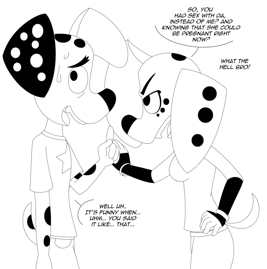 101_dalmatian_street 101_dalmatians 2019 absurd_res anthro black_and_white canid canine canis clothing dalmatian digital_media_(artwork) disney dolly_(101_dalmatians) domestic_dog duo dylan_(101_dalmatians) english_text hi_res implied_incest mammal monochrome playzone text