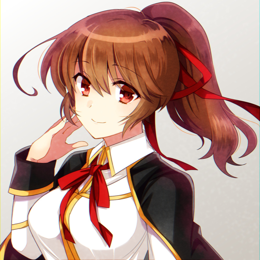 1girl blazblue breasts brown_eyes brown_hair cape celica_a_mercury eyebrows_visible_through_hair hair_ribbon highres medium_breasts ponytail red_ribbon ribbon simple_background smile solo upper_body yuuhi_(ms1110)