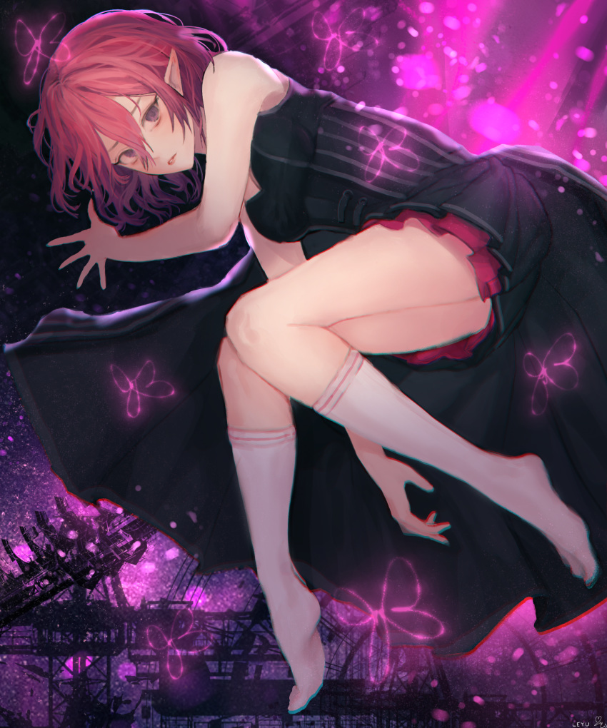1girl absurdres bangs bare_shoulders black_dress breasts bug butterfly closed_mouth dress hair_between_eyes highres insect leyu looking_at_viewer lucid lying maplestory medium_breasts on_side pink_eyes pink_hair pointy_ears short_hair signature socks solo white_legwear
