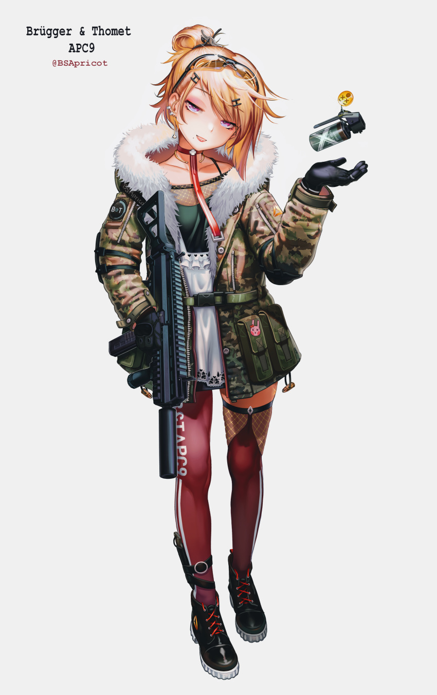 1girl absurdres bangs black-framed_eyewear black_dress black_footwear black_gloves camouflage_jacket choker collarbone commentary danielle_brindle dress ear_piercing earrings emoticon english_commentary explosive eyebrows_visible_through_hair eyewear_on_head full_body girls_frontline gloves grenade grey_background gun hair_ornament hairclip half-closed_eyes head_tilt highres holding holding_gun holding_weapon jacket jewelry light_brown_hair long_sleeves one_side_up open_clothes open_jacket orange-tinted_eyewear original parted_lips piercing purple_eyes red_choker red_legwear shoes short_hair simple_background single_leg_pantyhose single_thighhigh smile solo standing sunglasses suppressor thighhighs weapon weapon_request white_dress