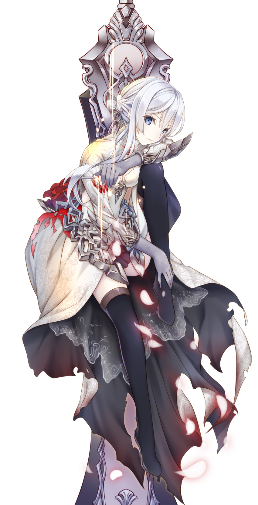 1girl absurdres asymmetrical_bangs bangs blood bloody_clothes blue_eyes boots commentary_request dress dripping flower fugounoshu full_body hand_on_own_foot highres holding holding_flower looking_at_viewer petals rose sinoalice snow_white_(sinoalice) solo sparkle sword thigh_boots thighhighs torn_clothes torn_dress weapon white_background white_dress white_hair