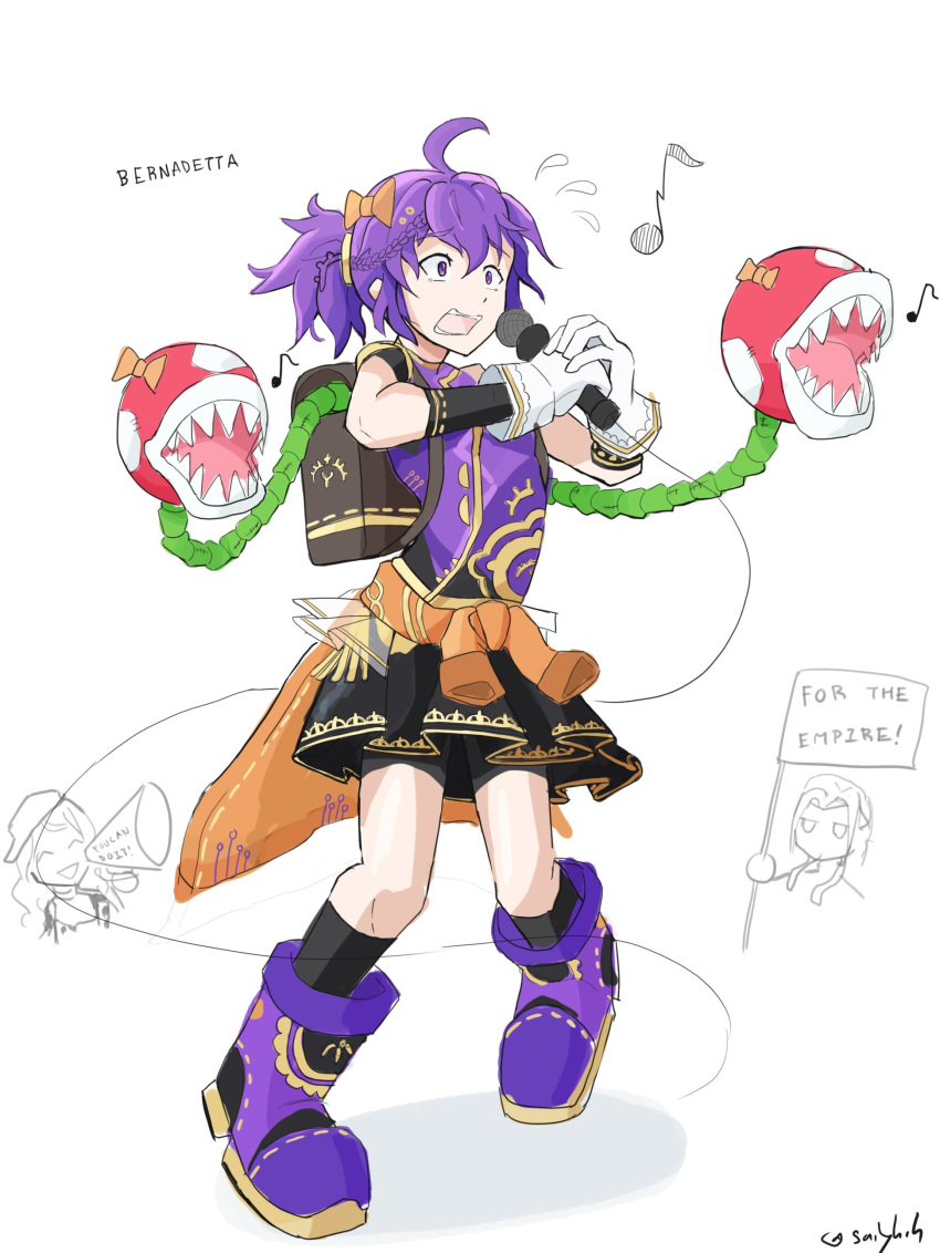 absurdres ahoge bag bernadetta_von_varley blush dorothea_arnault edelgard_von_hresvelg fire_emblem fire_emblem:_three_houses gloves grey_eyes highres idol looking_at_viewer mario_(series) microphone open_mouth piranha_plant plant purple_hair saiykik short_hair simple_background skirt smile super_smash_bros. twintails upper_body wavy_mouth white_background