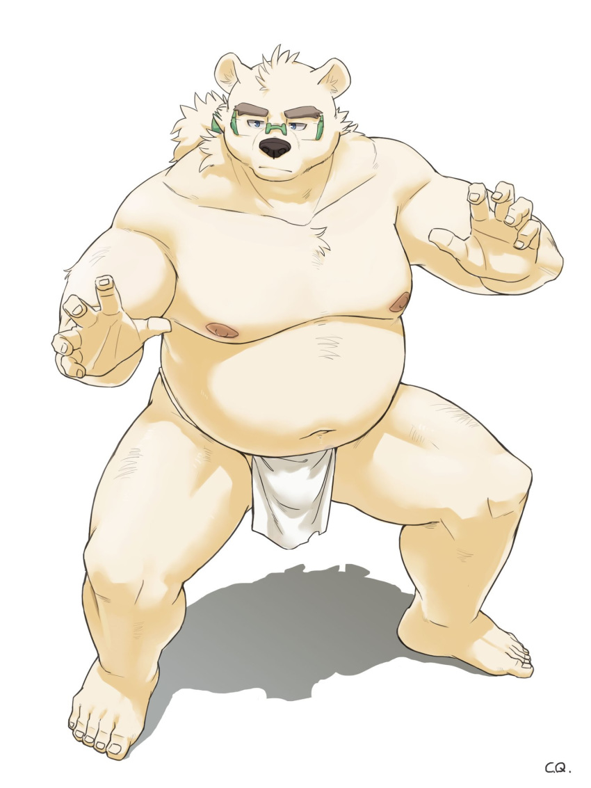 2019 6xiachunqiu7 anthro belly blue_eyes clothing eyewear fundoshi glasses hi_res humanoid_hands japanese_clothing leib_(tas) male mammal moobs navel nipples overweight overweight_male polar_bear simple_background solo tokyo_afterschool_summoners underwear ursid ursine video_games white_background