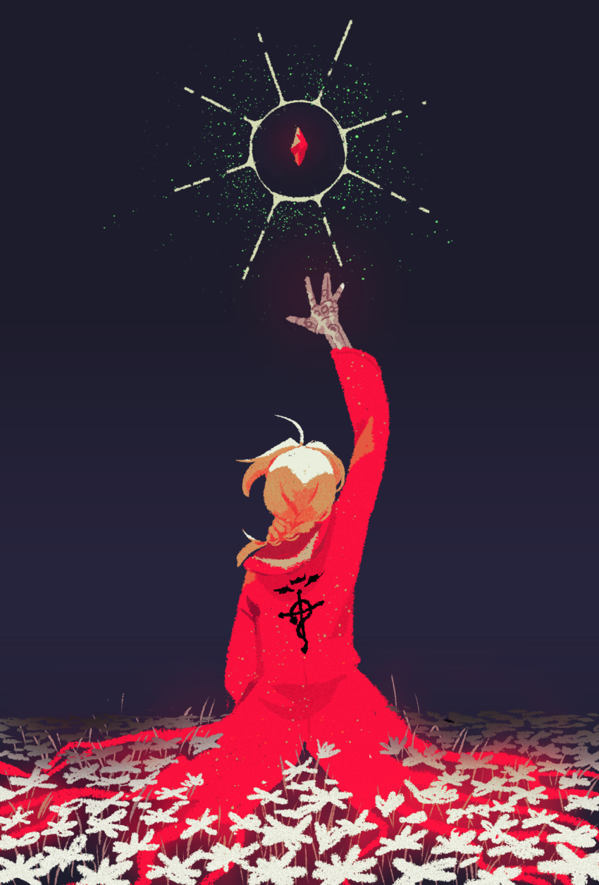 1boy arm_up automail black_background blonde_hair braided_ponytail coat edward_elric facing_away floating flower fullmetal_alchemist highres idledee long_hair long_sleeves male_focus mechanical_arm philosopher's_stone prosthesis reaching red_coat solo white_flower