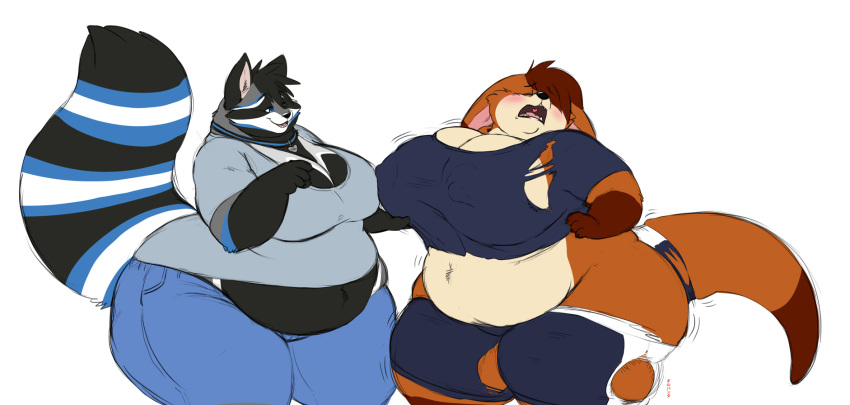 anthro belly big_belly big_breasts blush bodily_fluids bottomwear breast_expansion breasts brown_hair butt_expansion cinnamon_(cinnamonroo) clothing duo expansion female gillpanda hair hi_res huge_thighs mammal nervous obese onepiece overweight procyonid raccoon shirt shorts simple_background speech_bubble sweat sweatdrop thick_thighs topwear torn_clothing transformation weight_gain white_background