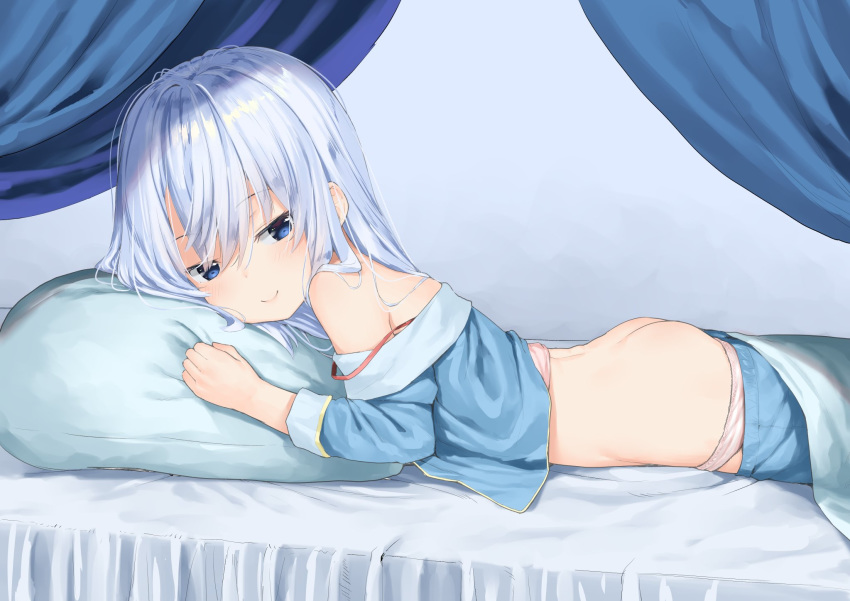 1girl aruma_(sawayaka_tokuko_miruku) ass bed blue_eyes blue_pajamas bra closed_mouth eyebrows_visible_through_hair hair_between_eyes half-closed_eyes hibiki_(kantai_collection) highres kantai_collection long_hair looking_at_viewer lying on_bed on_stomach pajamas panties pillow pink_bra pink_panties silver_hair smile solo underwear