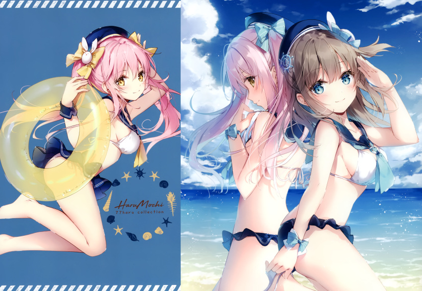 2girls absurdres arm_up armpits artist_name back-to-back bare_arms bare_legs bare_shoulders barefoot beret bikini bikini_skirt blue_bow blue_eyes blue_headwear blue_neckwear blue_sailor_collar blue_sky bow breasts brown_eyes brown_hair bunny_hair_ornament closed_mouth cloud cloudy_sky collarbone day floating_hair from_side hair_bow hair_ornament hand_up hat highres horizon huge_filesize innertube large_breasts leg_up long_hair looking_at_viewer looking_to_the_side medium_breasts mochizuki_shiina multiple_girls ocean original pink_hair profile sailor_bikini sailor_collar salute sandals scan side-tie_bikini sidelocks simple_background sky smile solo stomach swimsuit thighs twintails water white_bow wrist_cuffs yellow_bow yellow_neckwear