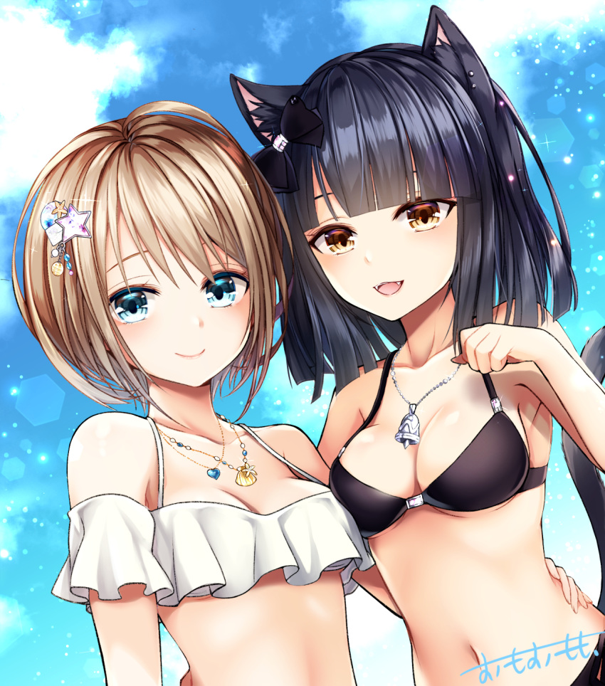 2girls :d animal_ear_fluff animal_ears bangs bare_arms bare_shoulders bell bikini black_bikini black_hair blue_eyes blue_sky blunt_bangs breasts brown_eyes brown_hair cat_ears cat_girl cat_tail clam cleavage closed_mouth cloud collarbone commentary_request day fangs glint hair_ornament hand_up heart highres jewelry lens_flare looking_at_viewer medium_breasts multiple_girls navel necklace omoomomo open_mouth original short_hair signature sky smile spaghetti_strap star star_hair_ornament sunlight swimsuit tail upper_body white_bikini
