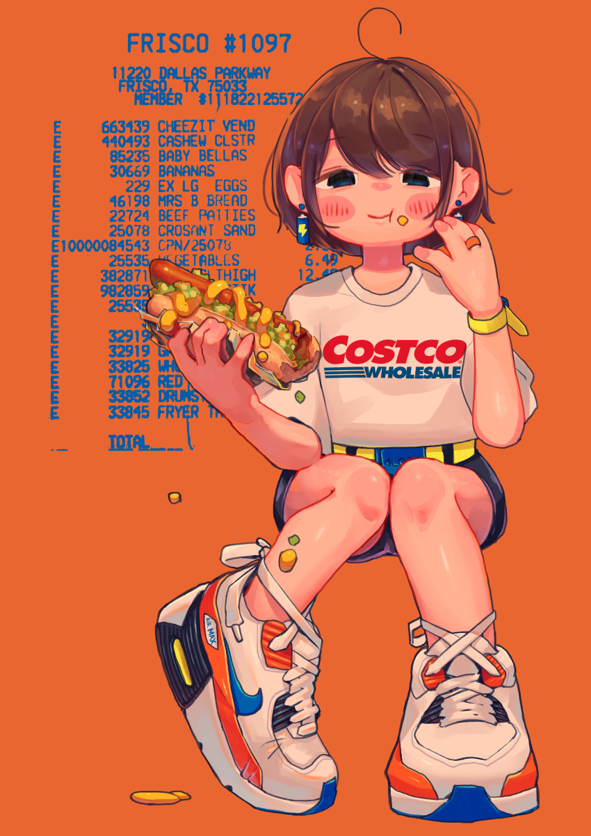 1girl absurdres bangs battery blush brown_hair costco earrings eating english_text eyebrows_visible_through_hair food full_body highres holding holding_food hot_dog invisible_chair jewelry looking_at_viewer more_e_4km number orange_background original ring shirt shoes short_hair short_sleeves shorts sitting smile solo swept_bangs t-shirt white_shirt