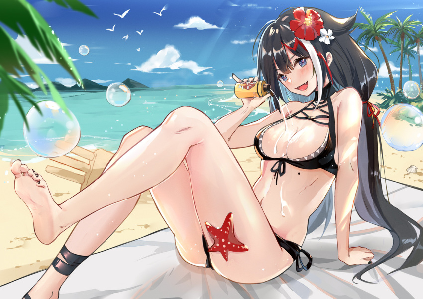 1girl ankle_strap arm_support azur_lane bangs barefoot beach bikini black_bikini black_hair black_nails blue_eyes blue_sky blush bottle breasts bubble bxr cleavage cloud day deutschland_(azur_lane) deutschland_(service_time?!)_(azur_lane) eyebrows_visible_through_hair flower hair_flower hair_ornament holding holding_bottle long_hair looking_at_viewer lotion multicolored_hair navel open_mouth outdoors pouring_onto_self reclining red_hair sky smile solo streaked_hair swimsuit very_long_hair white_hair