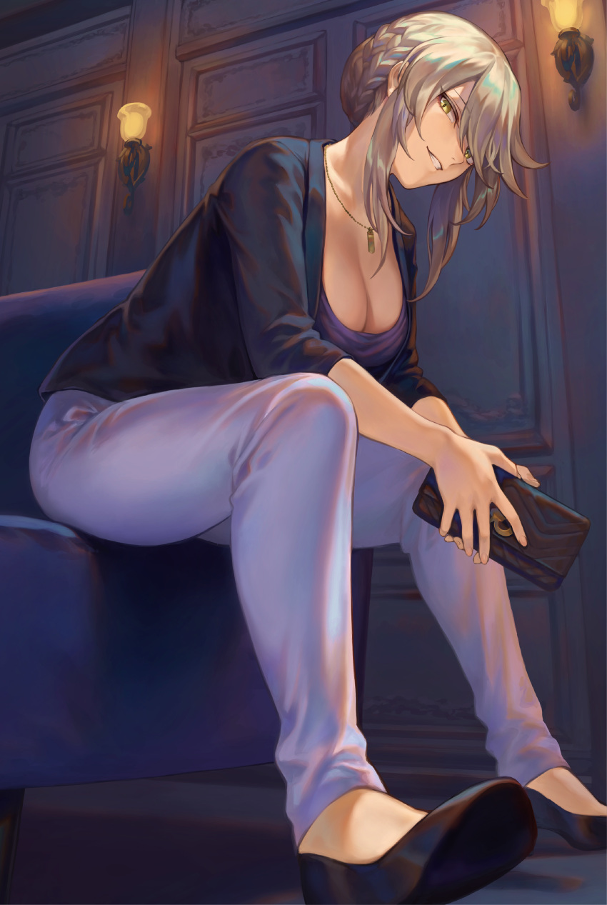1girl absurdres artoria_pendragon_(all) artoria_pendragon_(lancer_alter) bag bangs black_footwear black_jacket braid breasts cleavage commentary_request couch fate/grand_order fate_(series) french_braid grey_hair grey_pants grin hair_bun handbag highres indoors jacket jewelry large_breasts leaning_forward long_hair long_sleeves looking_at_viewer mashuu_(neko_no_oyashiro) necklace no_socks open_clothes open_jacket pants parted_lips purple_shirt shirt shoes sidelocks signature sitting sitting_sideways slit_pupils smile solo teeth wall_lamp wallet yellow_eyes
