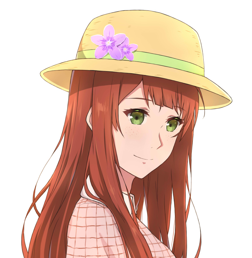 1girl absurdres flower freckles green_eyes hat hat_flower highres long_hair looking_at_viewer luculia_marlborough red_hair simple_background solo upper_body violet_evergarden white_background xvii yellow_headwear