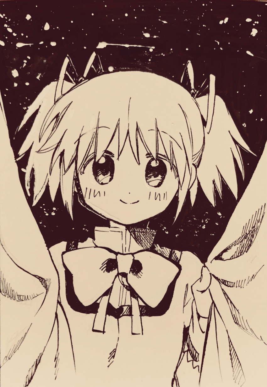 1girl bangs bow bowtie curtains hair_ribbon highres kaname_madoka looking_at_viewer mahou_shoujo_madoka_magica mitakihara_school_uniform monochrome no+bi= ribbon school_uniform smile solo twintails