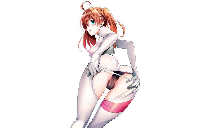 aqua_eyes blush bodysuit cameltoe darling_in_the_franxx miku_(darling_in_the_franxx) panties photoshop red_hair twintails underwear white yabuki_kentarou