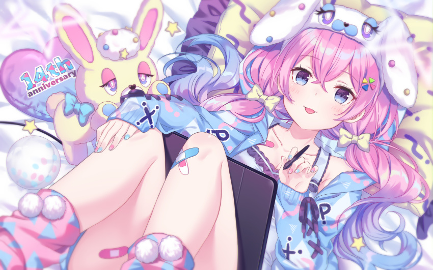1girl animal_hat bandaid bandaid_on_knee bare_legs bare_shoulders bed_sheet blue_eyes blue_hair blue_jacket blurry blush bunny_hat collarbone commentary_request gradient_hair hair_between_eyes hair_ornament hat heart highres jacket jimmy legs_up long_hair long_sleeves looking_at_viewer low_twintails lying multicolored multicolored_hair multicolored_nails nail_polish on_back open_clothes open_jacket original pillow pink_hair pom_pom_(clothes) shirt sidelocks sleeveless sleeveless_shirt socks solo star stuffed_animal stuffed_bunny stuffed_toy stylus tablet_pc tongue tongue_out twintails white_shirt