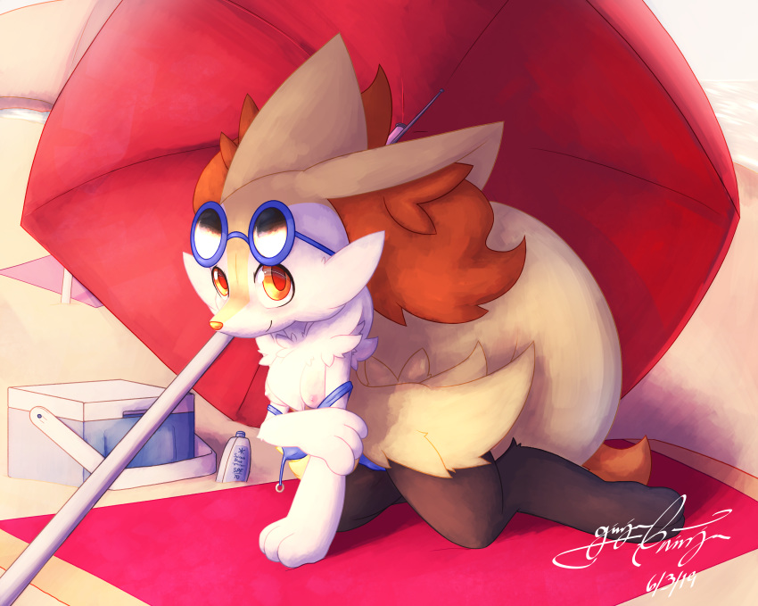 2019 absurd_res beach braixen breasts clothing digital_drawing_(artwork) digital_media_(artwork) ears_up eyewear fur gingy_k_fox hi_res looking_at_viewer nintendo pok&eacute;mon pok&eacute;mon_(species) public seaside sunglasses swimwear umbrella video_games