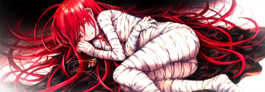 1girl bandaged_arm bandaged_feet bandaged_fingers bandaged_hands bandaged_leg bandages bangs commentary_request hair_over_one_eye hair_spread_out jewelry long_hair lying on_side parted_lips pendant red_eyes red_hair shakugan_no_shana shana solo tachitsu_teto very_long_hair