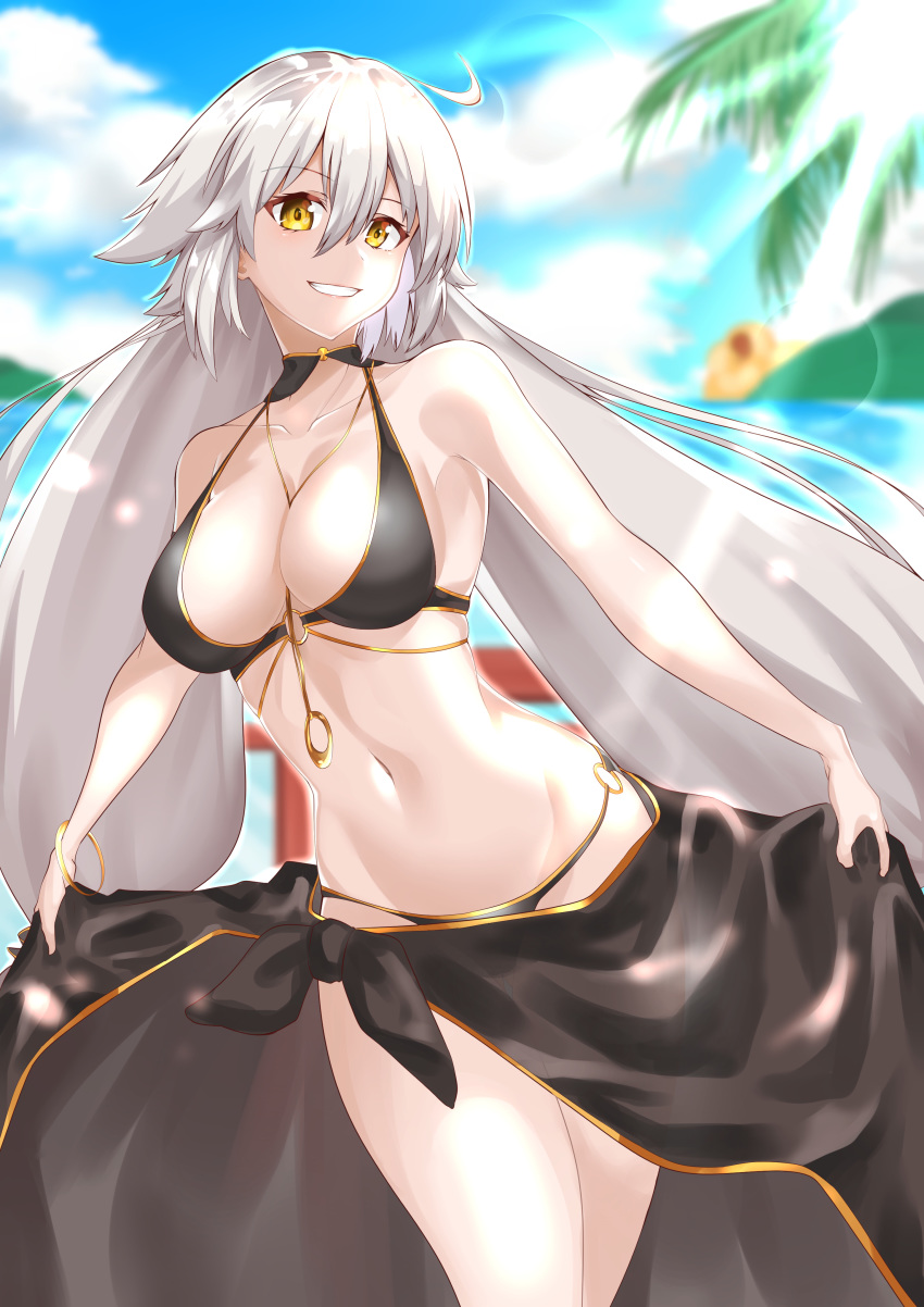 1girl absurdres ahoge bikini black_bikini black_sarong blue_sky bracelet breasts cleavage cloud collarbone commentary_request day fate/grand_order fate_(series) grin hair_between_eyes heroic_spirit_festival_outfit highres jeanne_d'arc_(alter)_(fate) jeanne_d'arc_(alter_swimsuit_berserker) jeanne_d'arc_(fate)_(all) jewelry large_breasts long_hair looking_at_viewer midriff navel ocean palm_tree sarong silver_hair sky smile solo sunlight swimsuit tree very_long_hair viet_(yomi0556) yellow_eyes