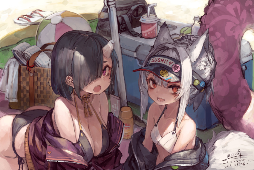 2girls animal_ears ball bikini black_hair braids breasts brown_eyes drink fang foxgirl hat original purple_eyes signed suzuno_(bookshelf) swimsuit tail white_hair