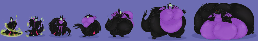 2019 absurd_res anthro big_breasts breast_expansion breasts disney dragon female hi_res horn huge_breasts human human_to_anthro hyper hyper_breasts magic maleficent mammal morbidly_obese necrofeline obese overweight purple_background sequence simple_background sleeping_beauty solo species_transformation transformation weight_gain wings
