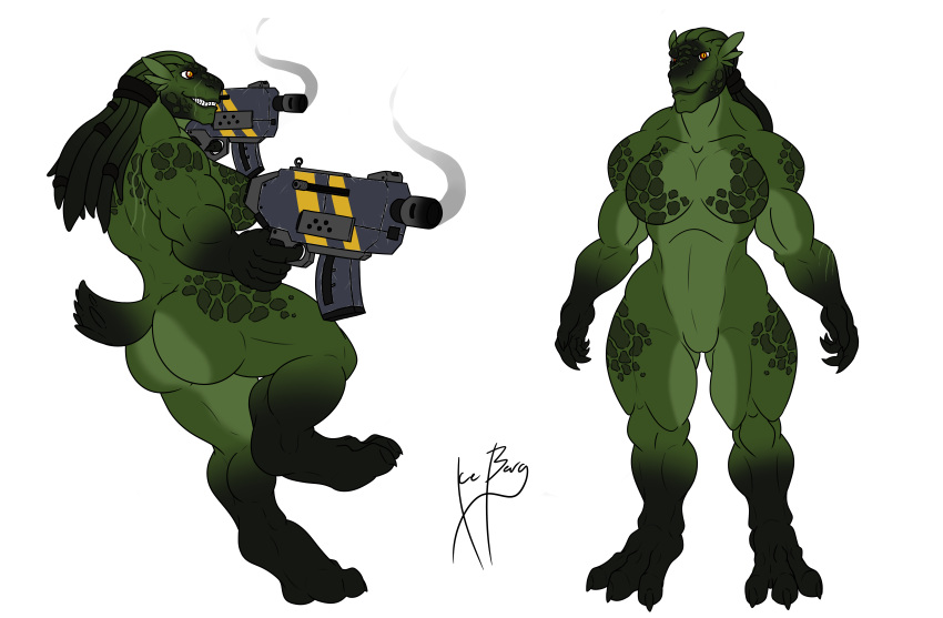 1ceberg absurd_res anthro big_breasts big_butt breasts butt claws female green_body gun hi_res muscular muscular_female nude pose ranged_weapon rear_view scales scalie smile solo submachine_gun thick_thighs weapon