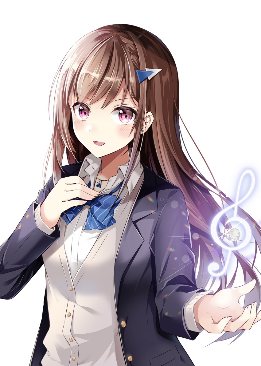 1girl :d bangs black_jacket blazer blue_bow blush bow brown_hair cardigan cocoa_music collared_shirt commentary_request diagonal_stripes doumyouji_cocoa dress_shirt earrings eyebrows_visible_through_hair fingernails glowing grey_cardigan hair_ornament hand_up highres jacket jewelry long_hair long_sleeves looking_at_viewer official_art open_blazer open_clothes open_jacket open_mouth purple_eyes shiro_kuma_shake shirt simple_background smile solo striped striped_bow stud_earrings treble_clef v-shaped_eyebrows very_long_hair virtual_youtuber white_background white_shirt