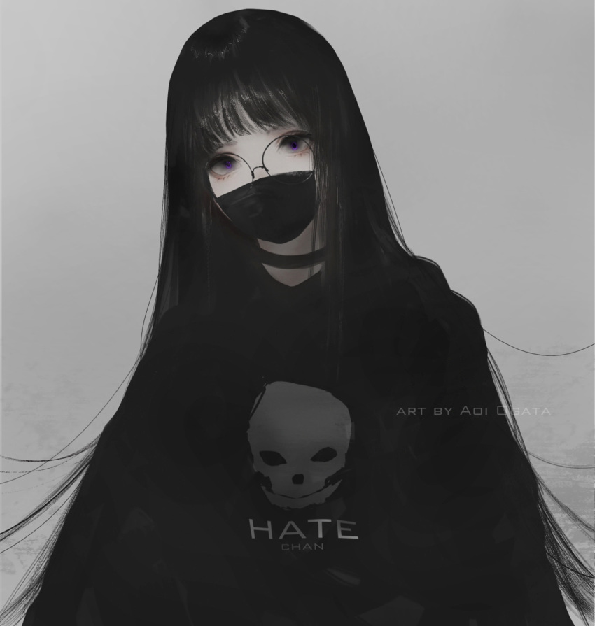 1girl aoi_ogata artist_name bangs black-framed_eyewear black_choker black_hair black_shirt choker clothes_writing commentary english_commentary eyebrows_behind_hair face_mask glasses grey_background head_tilt highres long_hair looking_at_viewer mask original purple_eyes round_eyewear shirt skull_print solo very_long_hair