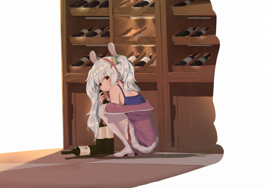 1girl absurdres animal_ears azur_lane bangs bare_shoulders bottle bunny_ears chinese_commentary commentary_request expressionless eyebrows_visible_through_hair fake_animal_ears from_side fur-trimmed_jacket fur_trim hairband highres holding holding_bottle jacket konbix laffey_(azur_lane) long_hair looking_at_viewer off_shoulder pink_jacket pink_skirt pleated_skirt red_eyes sidelocks silver_hair skirt solo spaghetti_strap squatting thighhighs tile_floor tiles turning_head twintails white_footwear white_legwear wine_bottle wine_cellar