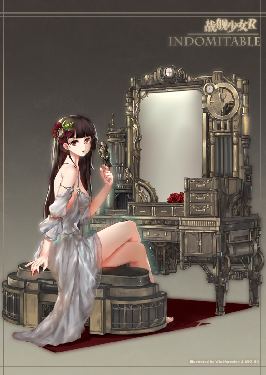 :o artist_request bangs bare_legs bare_shoulders barefoot bird_on_finger black_hair blunt_bangs bow character_name clock collaboration commentary_request copyright_name crossed_legs detached_sleeves drawer dress flower from_behind full_body gradient gradient_background grey_background grey_dress hair_bow highres indomitable_(warship_girls_r) long_hair looking_at_viewer looking_back mechanical_bird mirror mole mole_under_eye multiple_girls parted_lips red_bow red_eyes red_flower red_rose rose see-through sitting steampunk warship_girls_r windforcelan