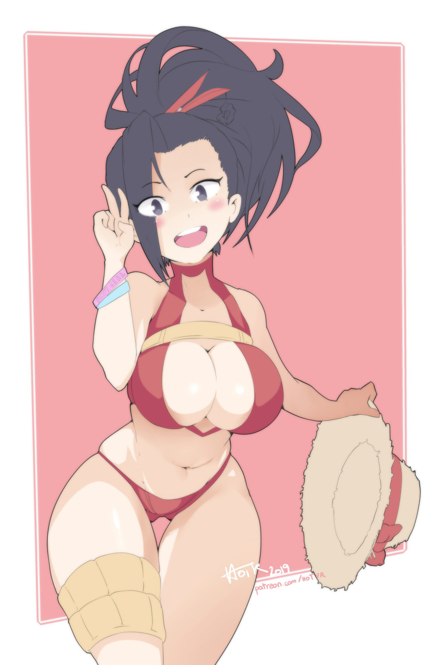 1girl ass_visible_through_thighs bikini black_eyes black_hair blush boku_no_hero_academia breasts cleavage eyebrows_visible_through_hair eyes_visible_through_hair hair_ornament hat hat_removed headwear_removed highres hot_vr hotvr large_breasts long_hair navel open_mouth ponytail red_bikini red_swimsuit smile solo straw_hat swimsuit thick_thighs thigh_gap thigh_strap thighs v wide_hips wristband yaoyorozu_momo